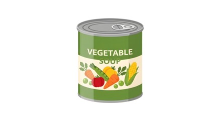 Vegetable soup can illustration with fresh vegetables, isolated on white background