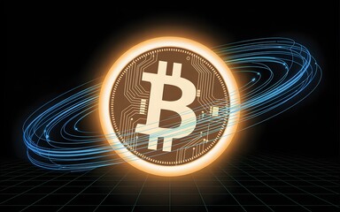 Glowing Bitcoin Symbol with Digital Circuitry and Blue Orbiting Lines cryptocurrency