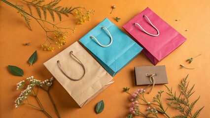 Colorful shopping bags in brown, blue and pink are arranged with sprigs of greenery and a gift card against a warm brown background.