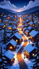 Winter village at night illustration: snow covered houses and street lights art work