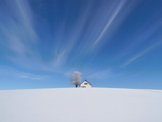Winter landscape with house in snow field under blue sky background wallpaper image