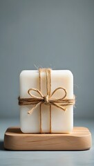 Handmade soap bar with natural twine bow on wooden tray for organic skincare routine