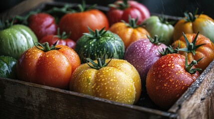 tomatoes of various shapes and colors, fresh from the garden, with water droplets on them, on a vintage wooden crate, farm-to-table,