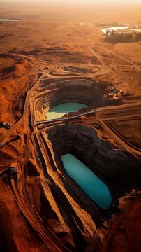 Aerial View of Open-Pit Mine with Turquoise Water in Desert Landscape
