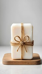 Handmade soap bar with natural twine bow on wood board for spa and bath products