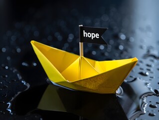 Yellow paper boat with hope flag floating in water concept hope and positivity symbol
