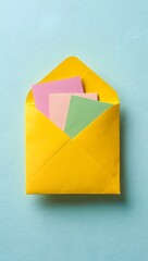 Yellow envelope with pastel notes on blue background for message or invitation card