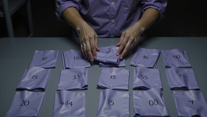 Numbered Fabric Squares Arranged on a Table