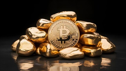 Golden Bitcoin Coin Amidst Shiny Gold Nuggets on Dark Reflective Surface cryptocurrency