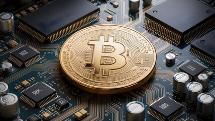 Golden Bitcoin coin on a circuit board with microchips and capacitors cryptocurrency