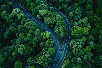 Winding forest road through lush greenery and dense trees in serene landscape