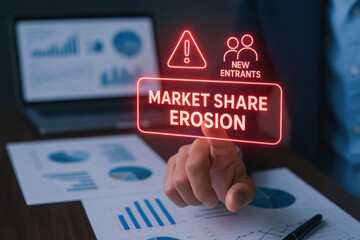 Market share erosion concept with business person pointing at digital interface highlighting innovator dilemma and new entrants threat in market