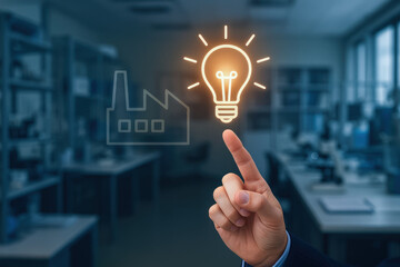Innovator dilemma concept with hand pointing at glowing light bulb symbolizing new ideas and challenges in industrial business environment