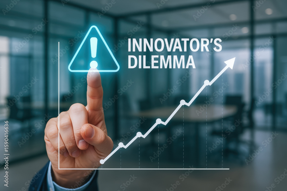 Aufkleber innovator dilemma concept with hand pointing warning sign and rising graph symbolizing challenge and