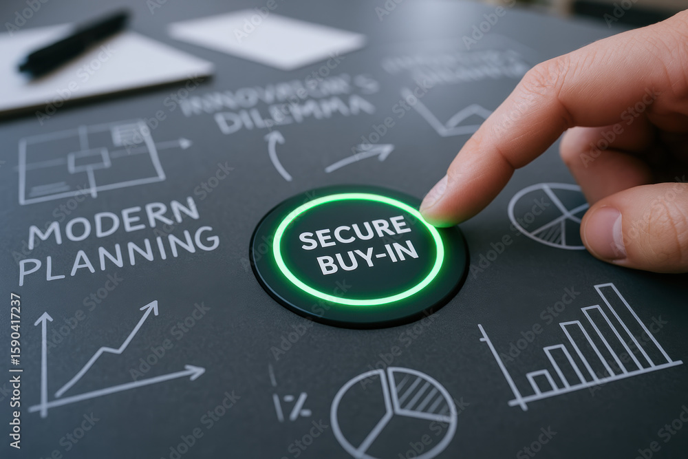 Poster secure buy in concept with finger pressing button surrounded by charts and innovator dilemma text on