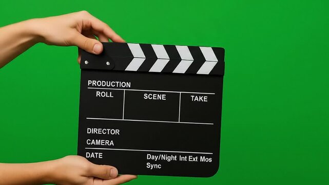 A person holds a clapperboard against a green screen background. The clapperboard slams shut, indicating the start of filming. Suitable for visual content.