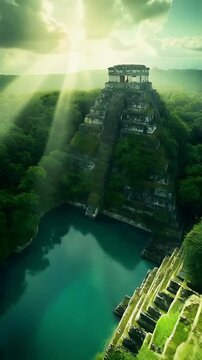 Ancient Temple in Jungle with Sun Rays and Sacred Lagoon &ndash; Aerial View
