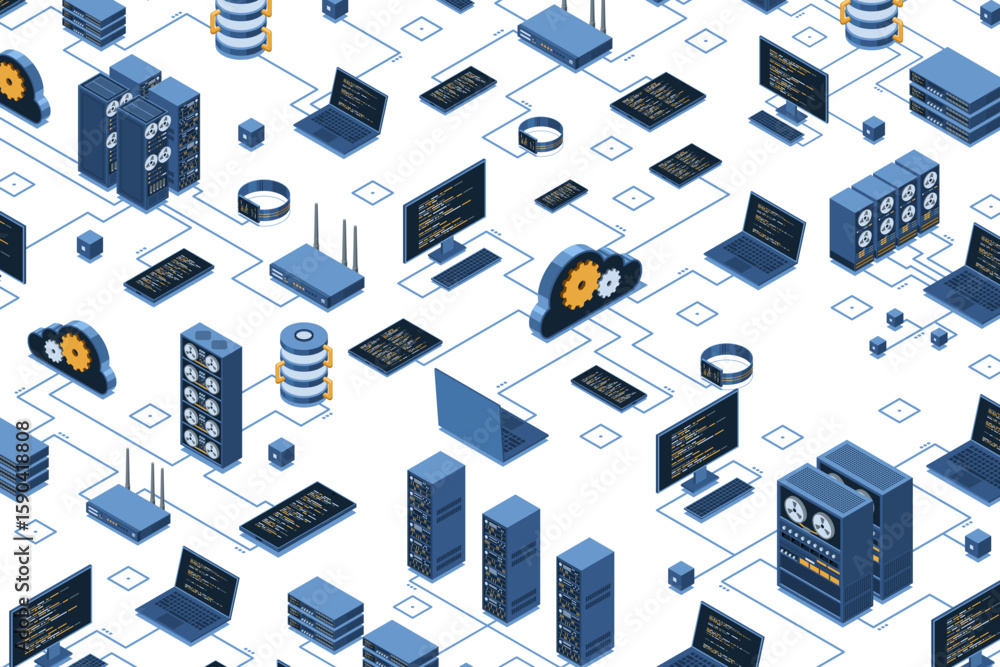 Poster isometric data network management. cloud storage data and synchronization of devices. networking, da