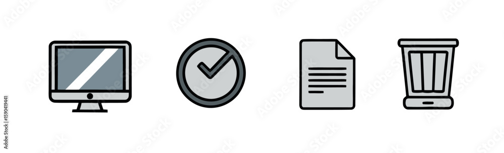 Fototapete Four Office Icons Representing Computer Task Completed Document and Trash