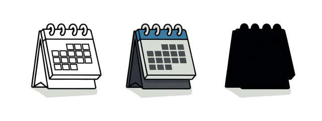 Desktop Calendar in Line Art, Colored, and Silhouette Versions for Schedule Planning