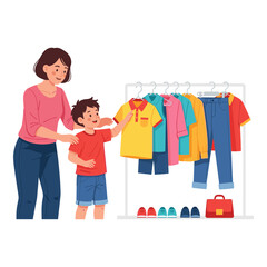 Mother and Son Shopping for Children's Clothes on Clothing Rack