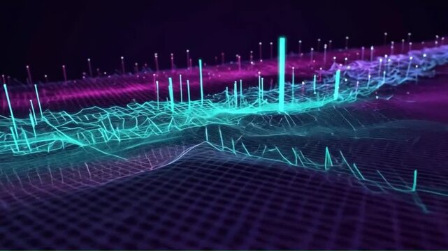 Abstract digital landscape with cyan grid and pink highlights