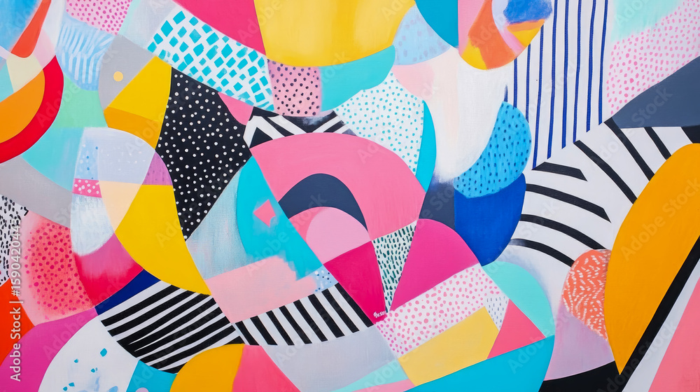 Poster energetic abstract painting with bold geometric forms and lively patterns creating a vibrant modern 