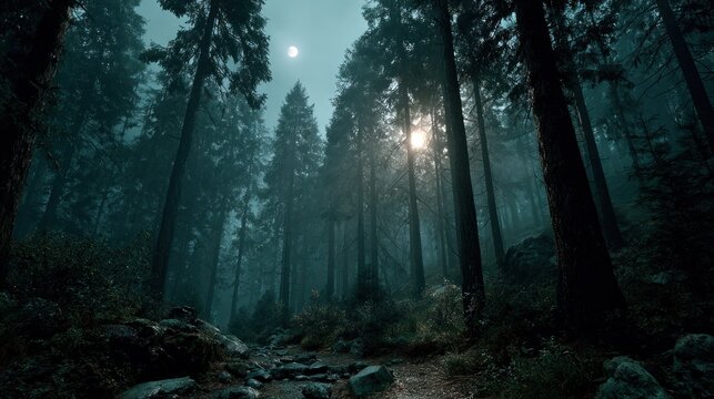 Mysterious forest scene under the moonlight with tall trees and a path in the woods