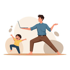 Fototapeta premium Father Multitasking Remote Work and Parenting with Son