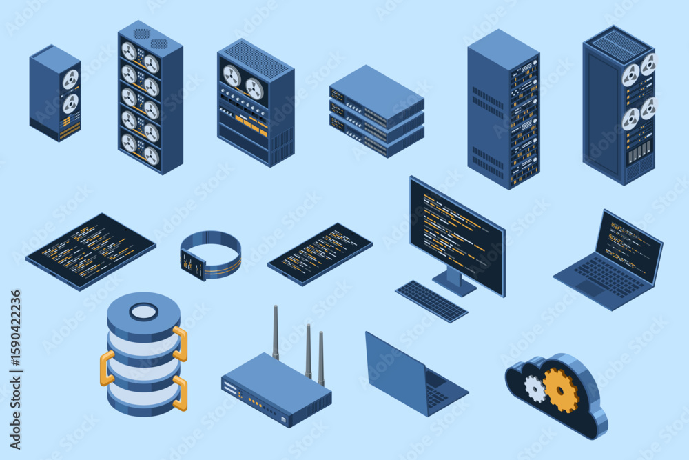 Poster set of isometric computer technology. isometric set server equipment. cloud network and database pla