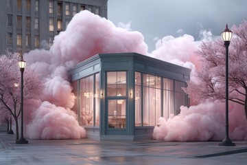 Dreamy pink clouds surrounding glass-cube building on overcast day