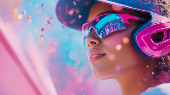 Vibrant portrait of a woman in reflective neon pink sunglasses and a blue visor, surrounded by floating confetti, capturing a festive summer celebration. - Powered by Adobe