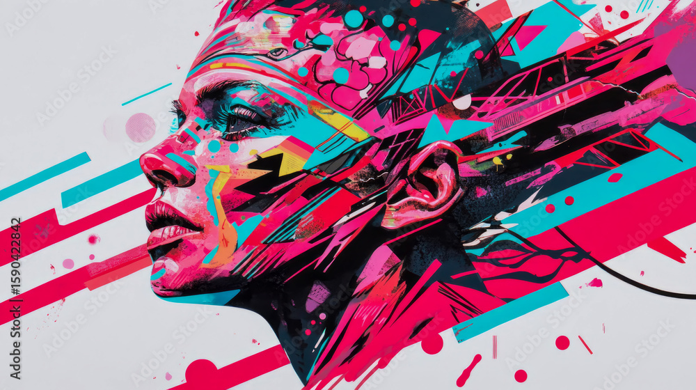Poster dynamic abstract portrait of a woman's head in profile, fusing realistic features with vibrant neon 