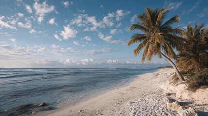 Idyllic beach scene with palm trees, pristine sand, and serene ocean view