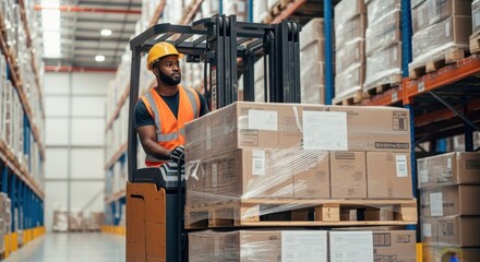 Forklift operator in safety gear moving products within expansive logistics hub setting.
