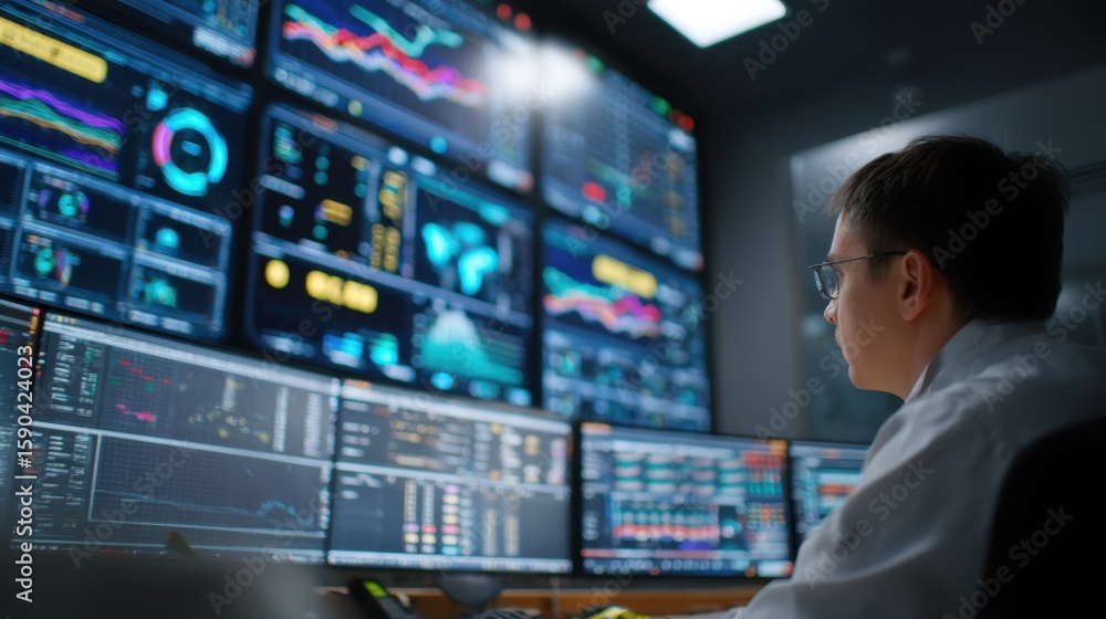 Poster system administrator wearing glasses is analyzing data graphs and metrics related to sofc performanc