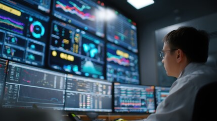 System administrator wearing glasses is analyzing data graphs and metrics related to sofc performance and production efficiency on a wall of digital displays in a high tech control room