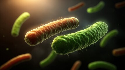 Fototapeta premium composition showing beneficial bacteria on one side supporting digestion and immunity while harmful bacteria multiply and cause inflammation on the other, ideal for comparison and educational 