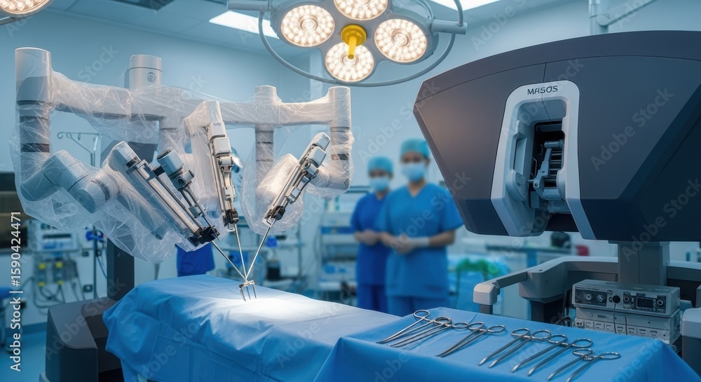 Poster robotic system setup with medical instruments ready for precision surgery