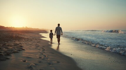 An intimate moment of a father and son sharing laughter as they walk along a peaceful beach with slow motion capturing the carefree spirit of childhood and the warmth of family connection.