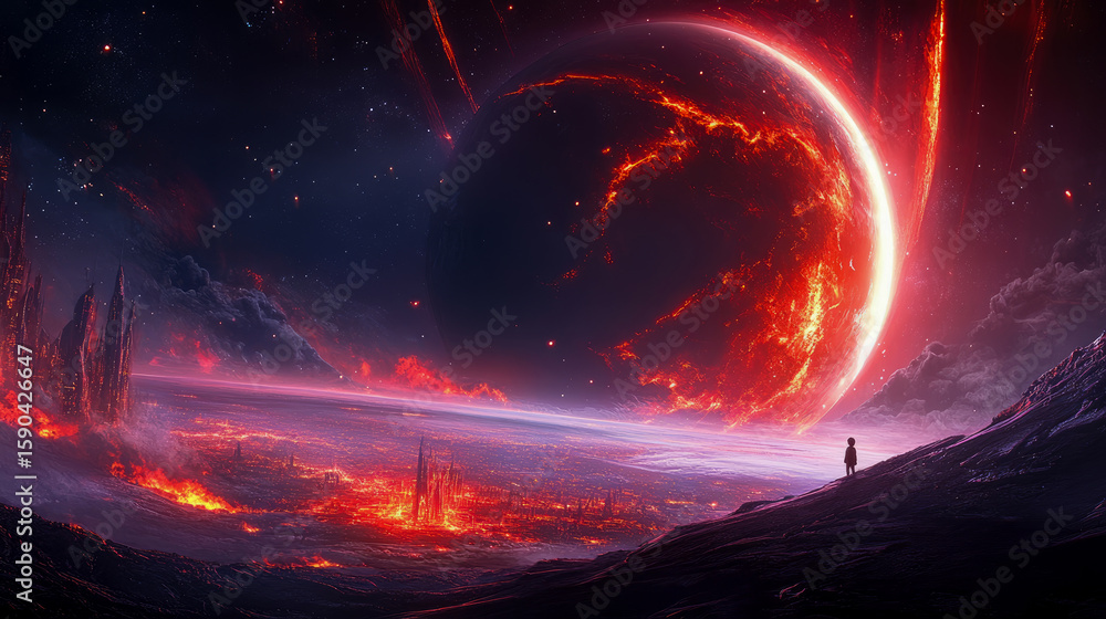 Poster a solitary figure observes a colossal fiery celestial orb illuminating an alien world with burning c