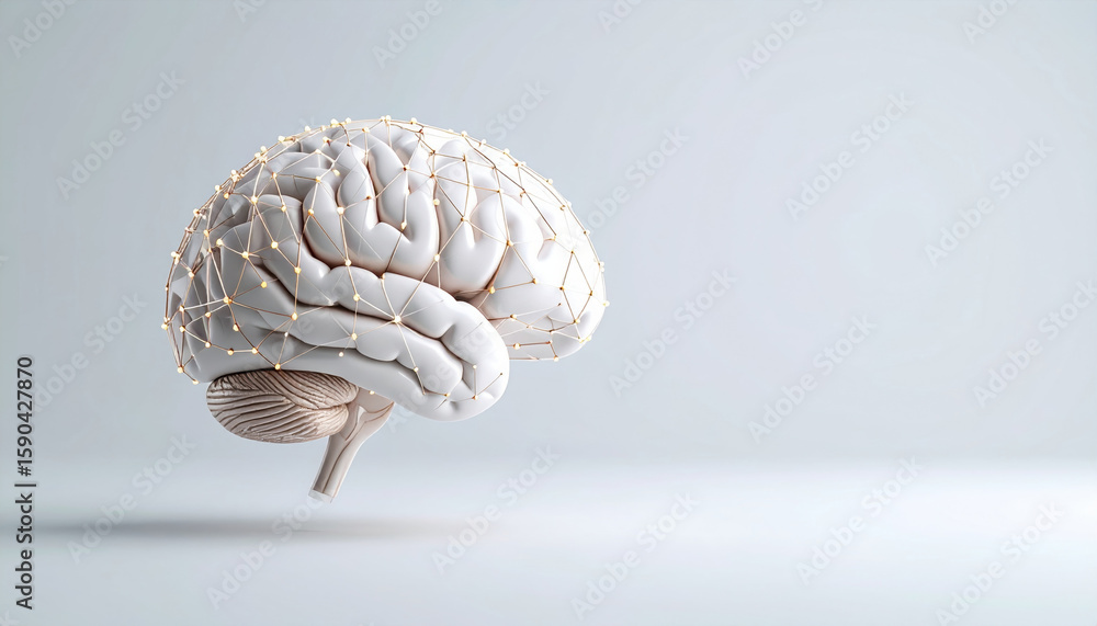 Poster 3d rendering of human brain with network of glowing connections, symbolizing intelligence and techno