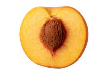 Close-up of a ripe peach cut in half, revealing the seed, isolated on a transparent background