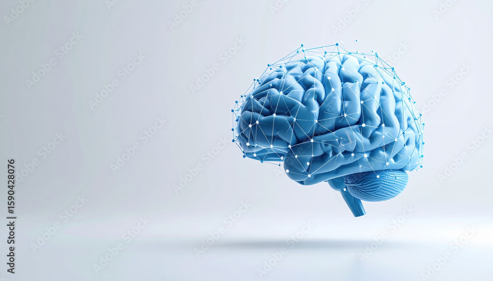 Poster 3d illustration of blue brain with network of connected nodes, symbolizing intelligence and technolo