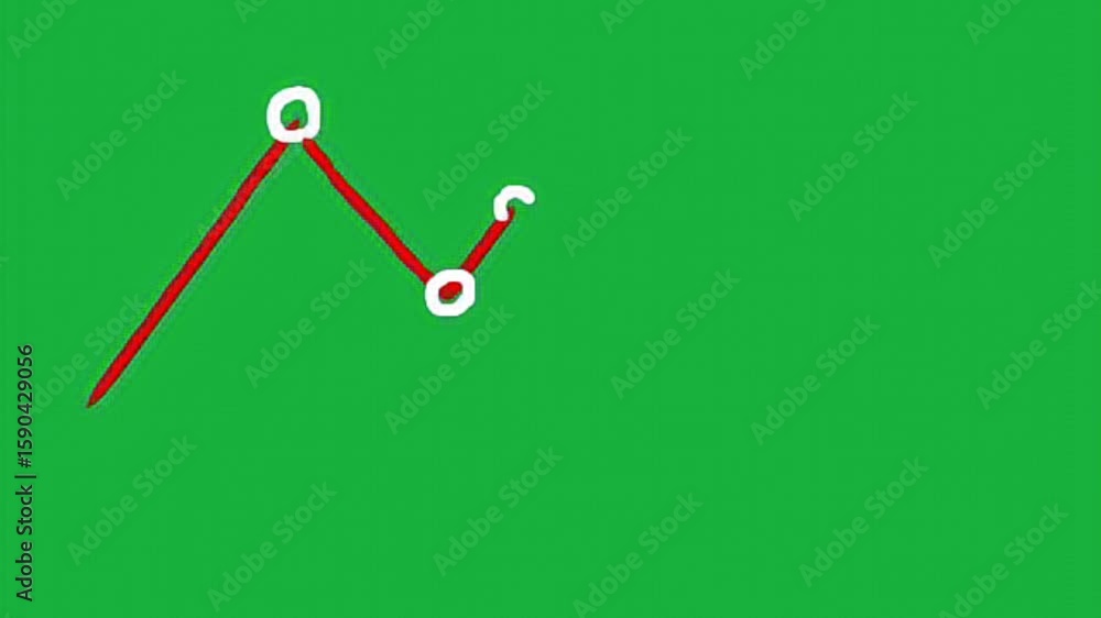 Poster simple animated red line graph with white circles illustrating a rising and falling trend over time 
