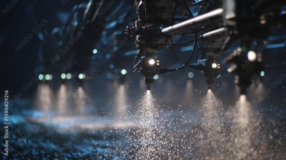 Poster industrial robotic sprayers synchronized in dark space, projecting chalk with precision, generating 