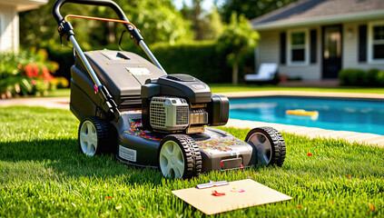 Fototapeta premium Lawn Mower on Grass with Confetti and Clipboard