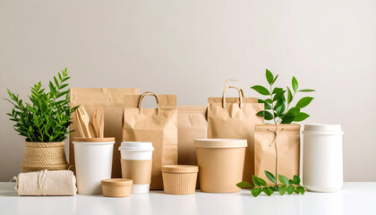 Eco friendly packaging displayed on clean surface, featuring various paper bags, containers, and utensils made from sustainable materials, complemented by green plants for natural touch