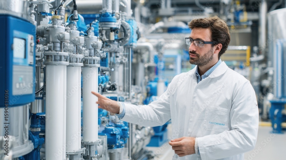 Poster closeup view of a technician demonstrating a stateoftheart cleantech filtration system on a factory 