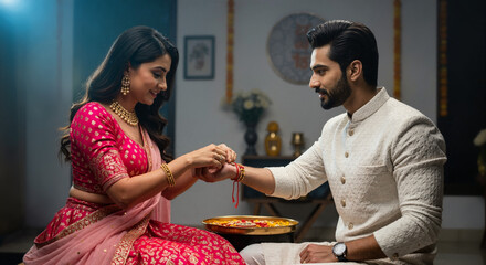 Sister Tying Rakhi on Raksha Bandhan in Decorated Room of Culture